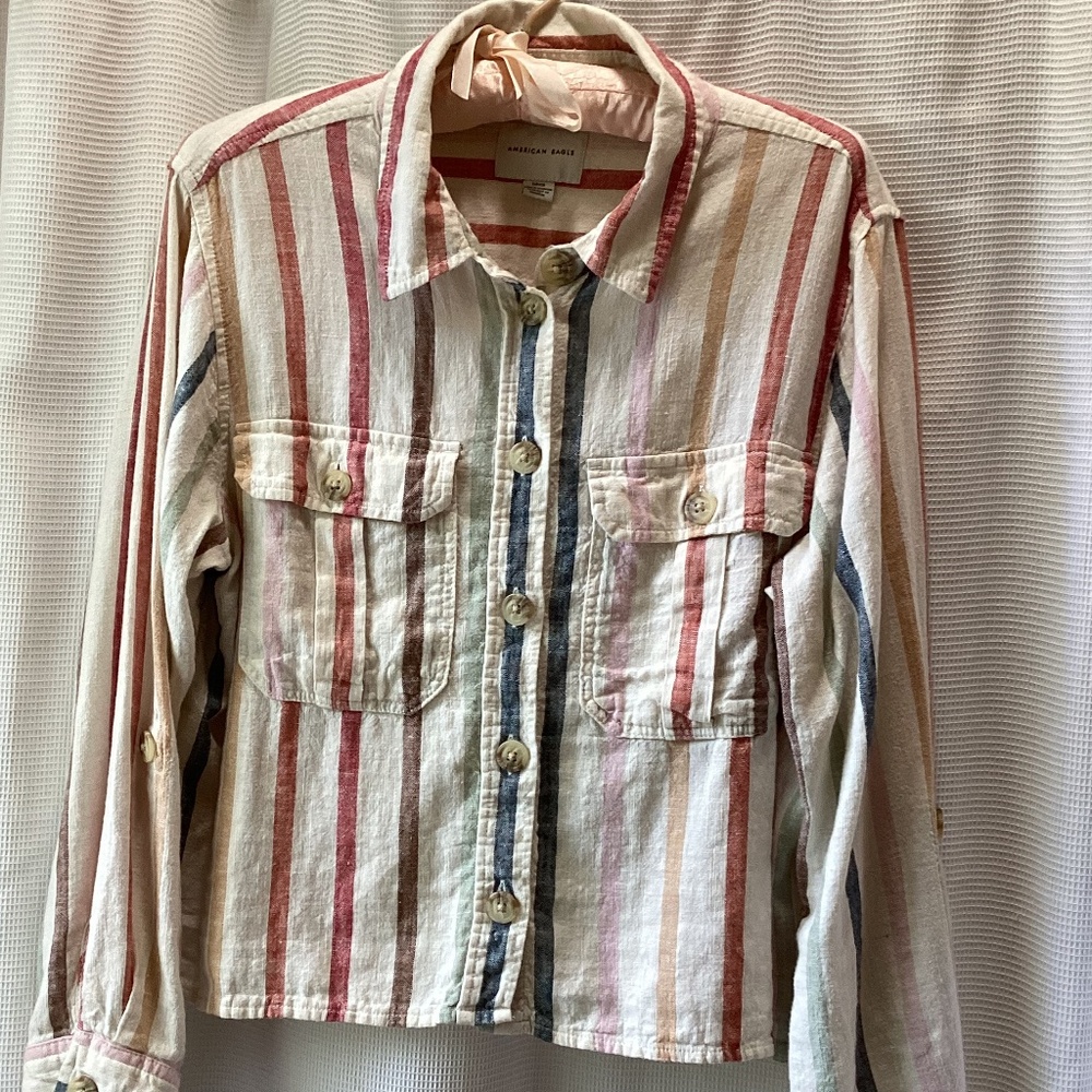 EUC American Eagle Striped Linen/Cotton Boxy Button Down Shirt